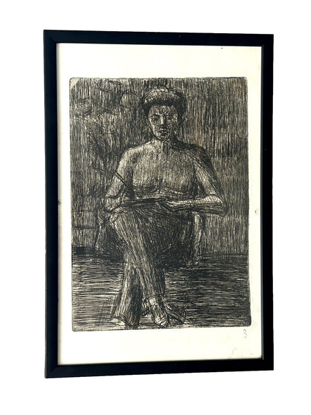 Midcentury Vintage Danish Framed Charcoal Pencil Drawing  /2314