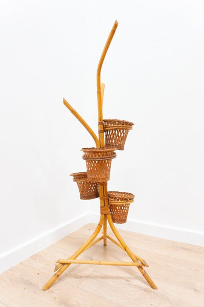 Vintage Bamboo Cane Wicker Plant Stand 1960’s /2296