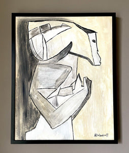 Mid Century Vintage Cubism Abstract Canvas Painting Framed by H Woodruff /2225