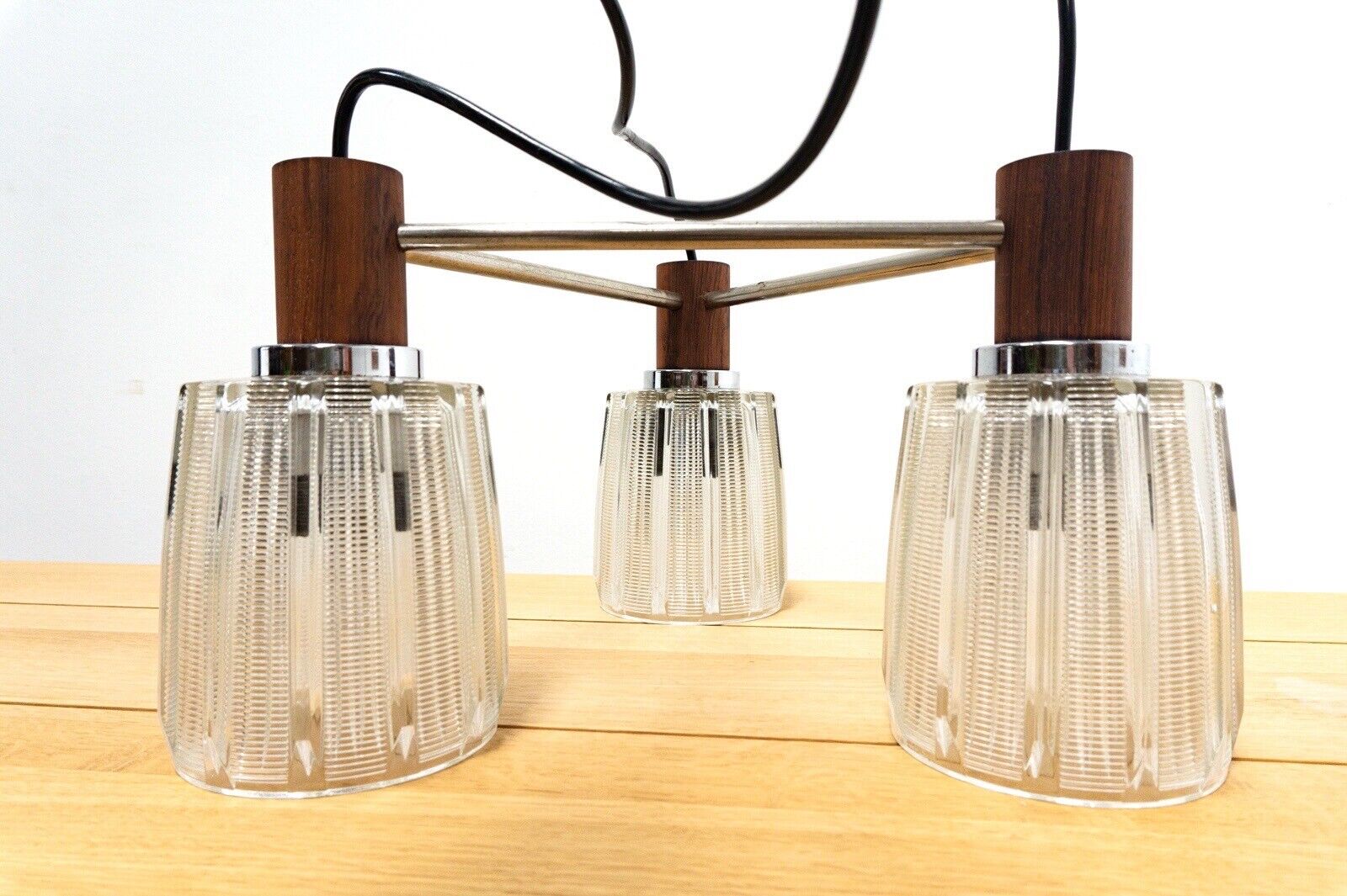 Midcentury Danish Vintage Rosewood Glass Chrome Triple Shade Pendant Light /2273