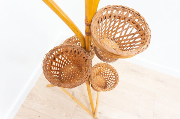 Vintage Bamboo Cane Wicker Plant Stand 1960’s /2296