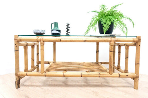 Midcentury Vintage Italian Bamboo Cane Wicker Glass Coffee Table /2024