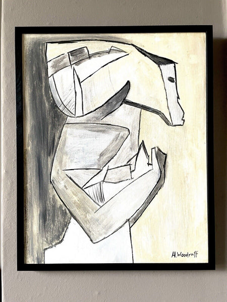Mid Century Vintage Cubism Abstract Canvas Painting Framed by H Woodruff /2225