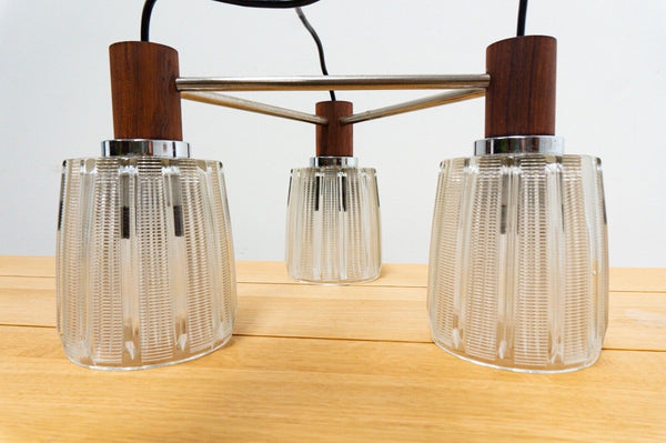 Midcentury Danish Vintage Rosewood Glass Chrome Triple Shade Pendant Light /2273