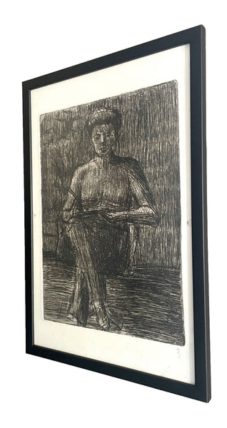 Midcentury Vintage Danish Framed Charcoal Pencil Drawing  /2314