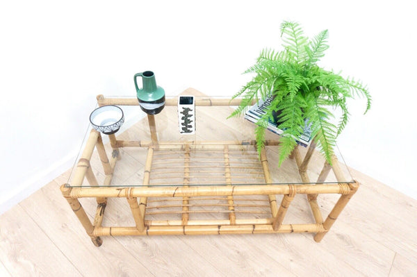 Midcentury Vintage Italian Bamboo Cane Wicker Glass Coffee Table /2024